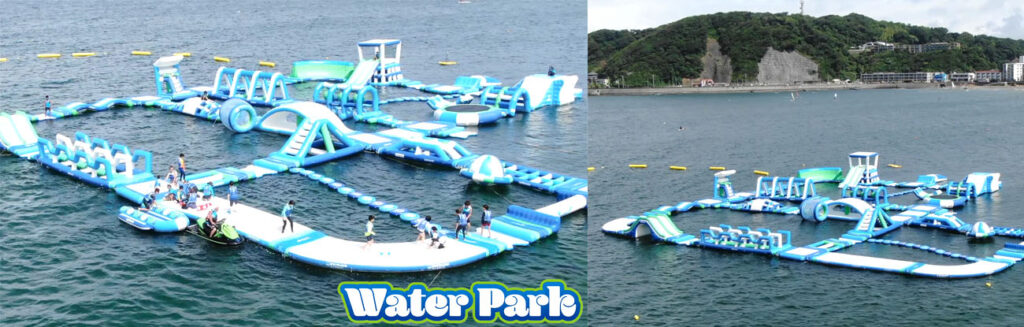 逗子ウォーターパークの全体イメージ。海上に浮かぶ遊具の写真
